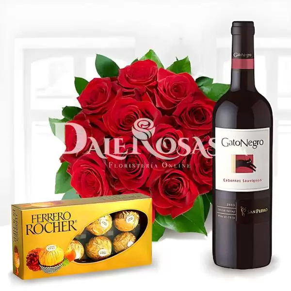 Bouquet de Rosas, Vino y Chocolates